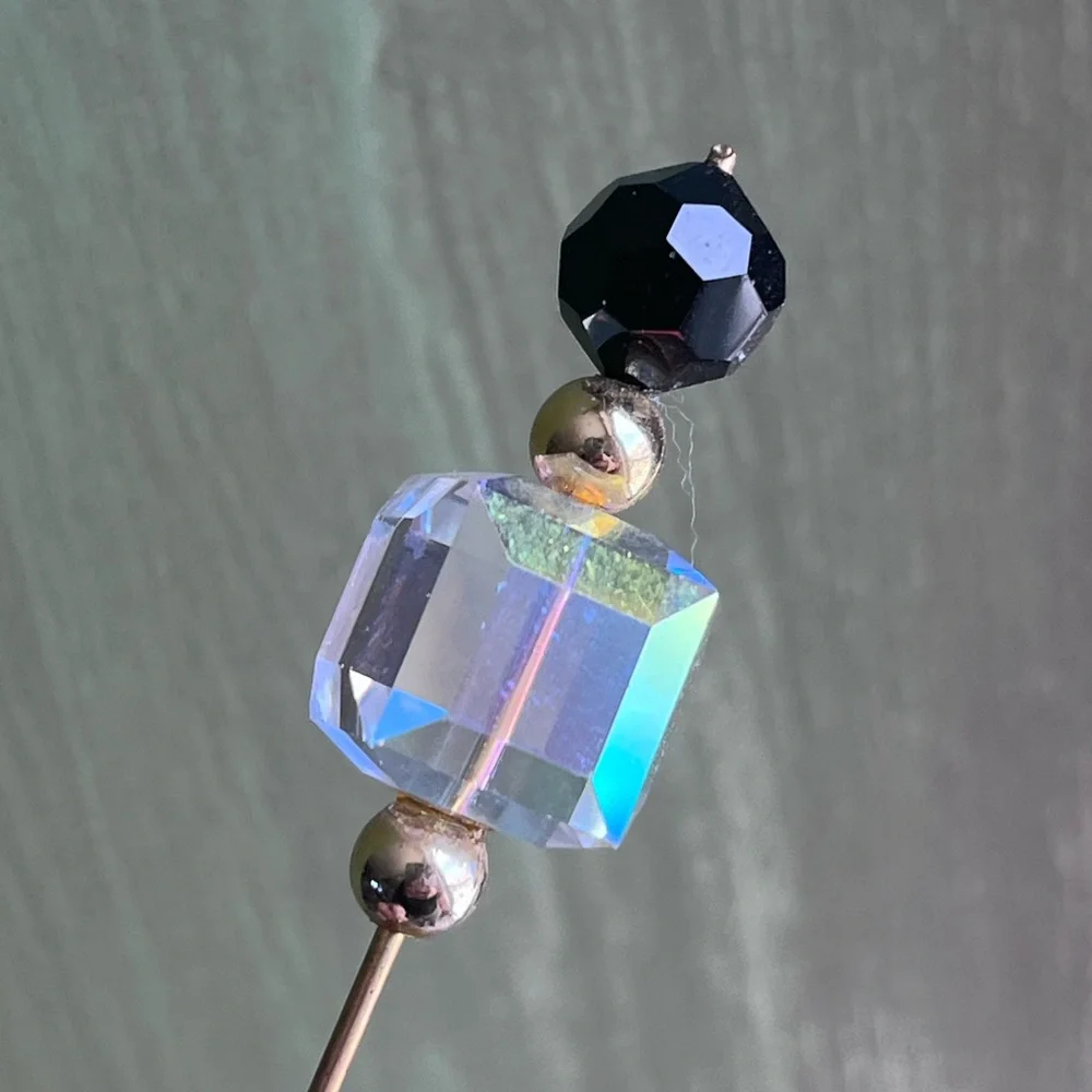 Vintage Iridescent Faceted Crystal Stick Pin Hat Pin Gold Tone 4” Black Bead